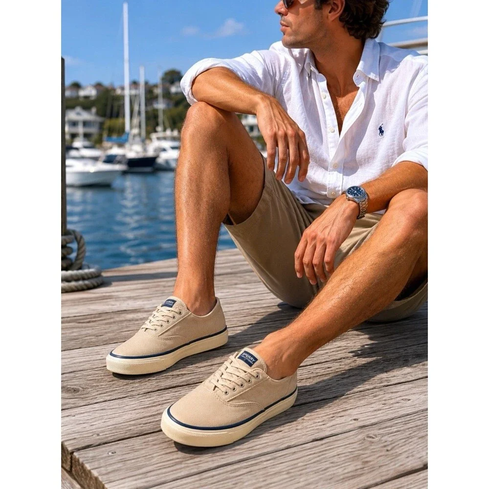 Sperry Sneakers Mens‎ 7 Beige Top-Sider Canvas Lace Up Nautical Boat 13519899